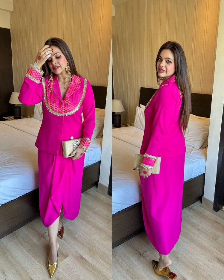 Pink silk yoke blazer drape skirt set