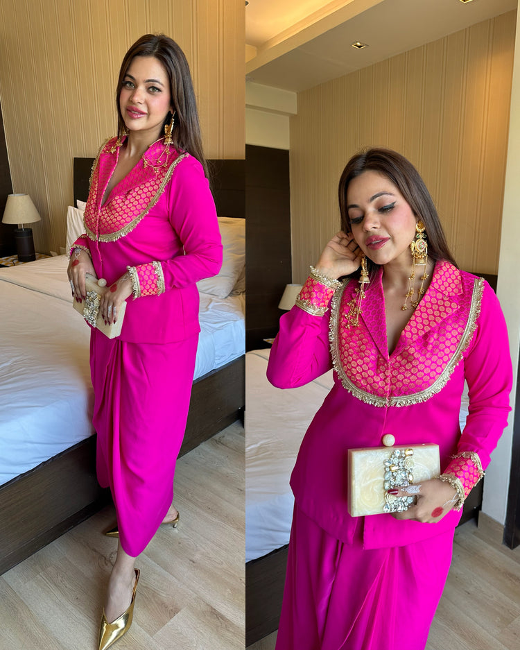 Pink silk yoke blazer drape skirt set