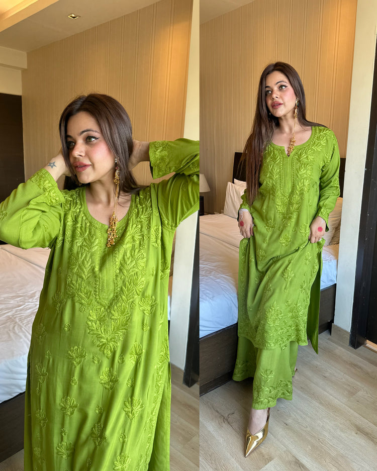Green pure chikankari muslin set