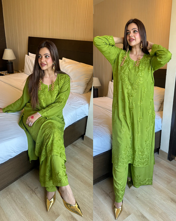 Green pure chikankari muslin set