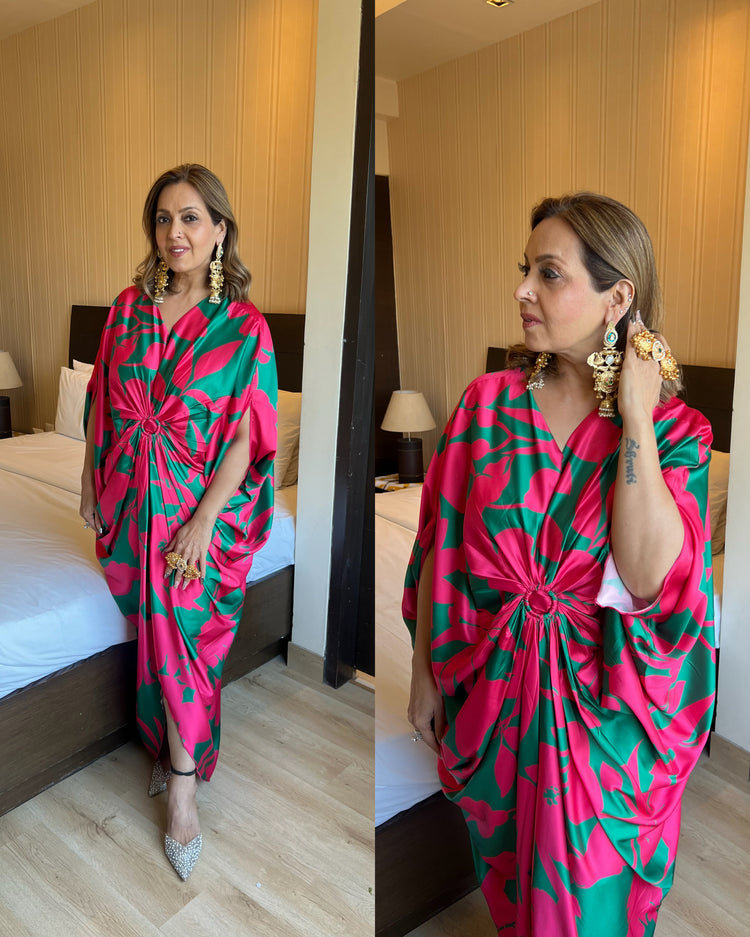Green pink drape satin kaftaan dress
