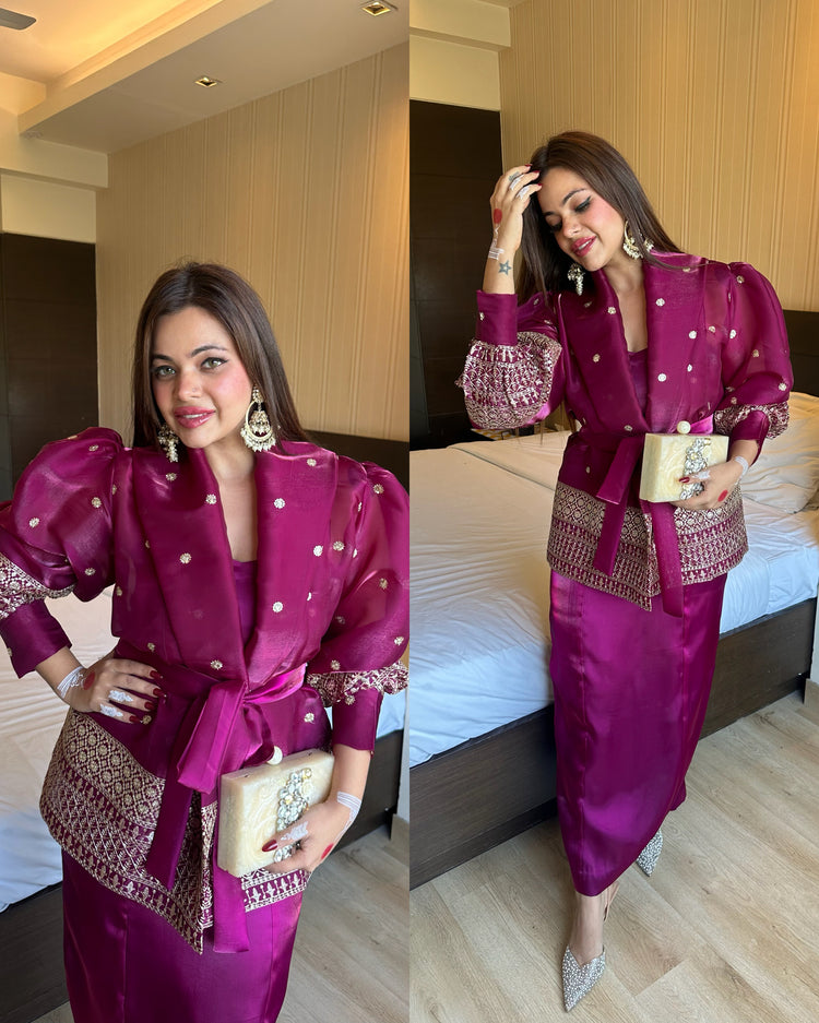 Wine purple organza jacket dress set