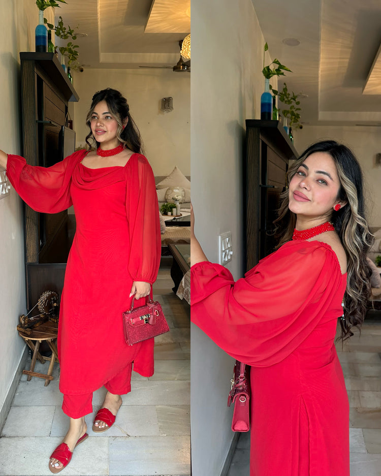Red cowl kurta set