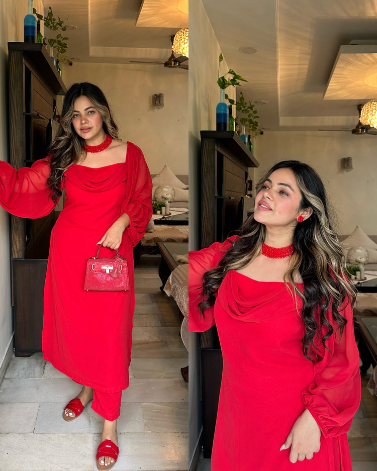Red cowl kurta set