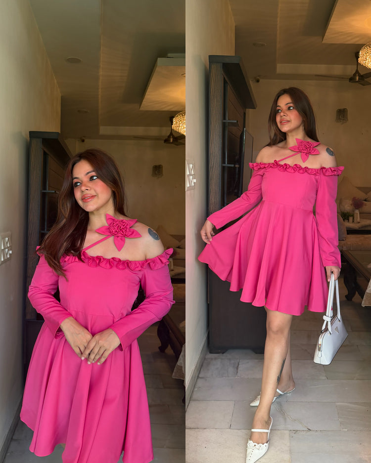 Pink petal flower flared dress