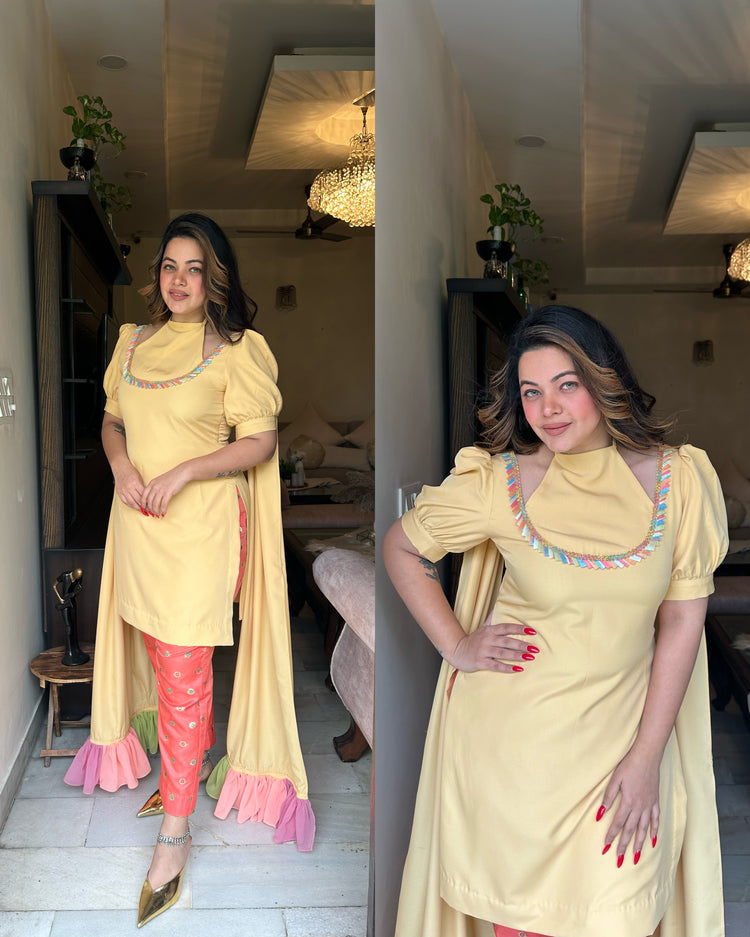 Pastel yellow colorful suit