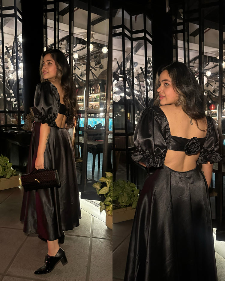 Black satin rose gown