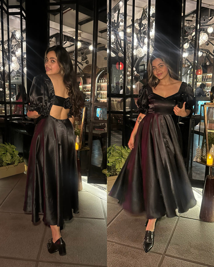 Black satin rose gown