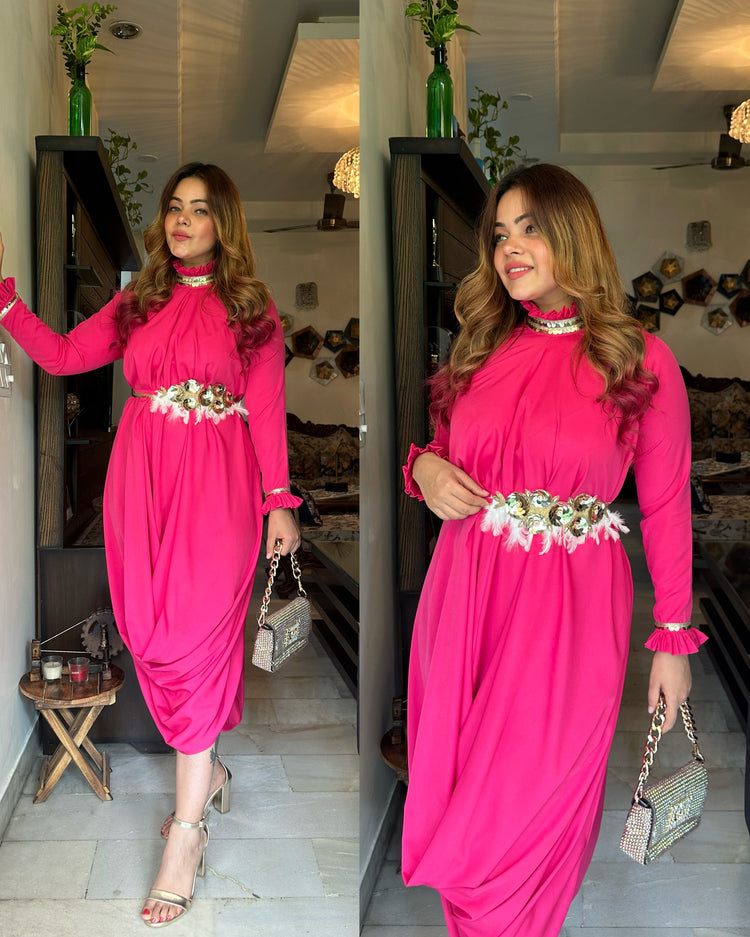 Magenta drape gown with belt