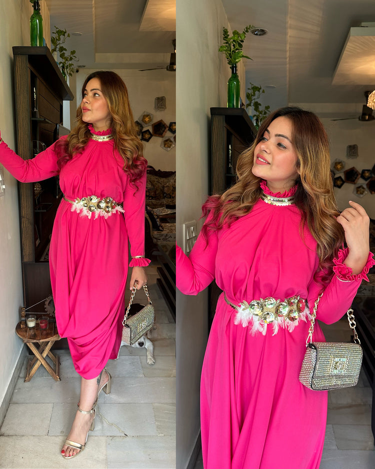 Magenta drape gown with belt