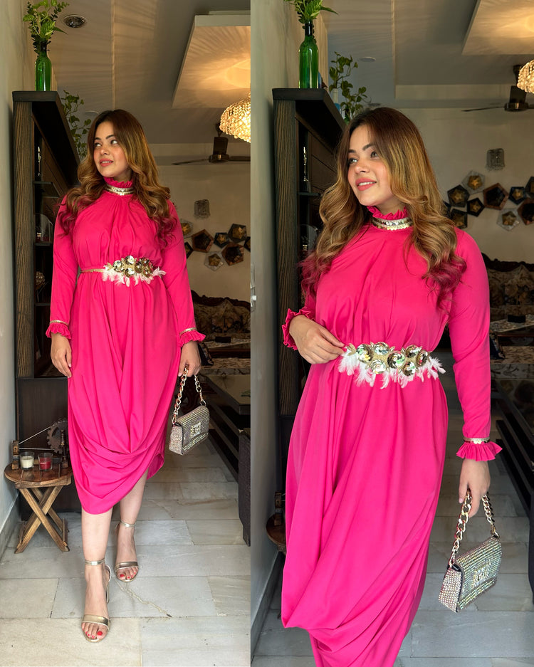 Magenta drape gown with belt