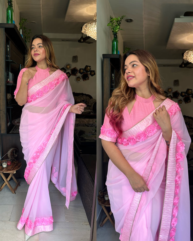 Pink flower saree
