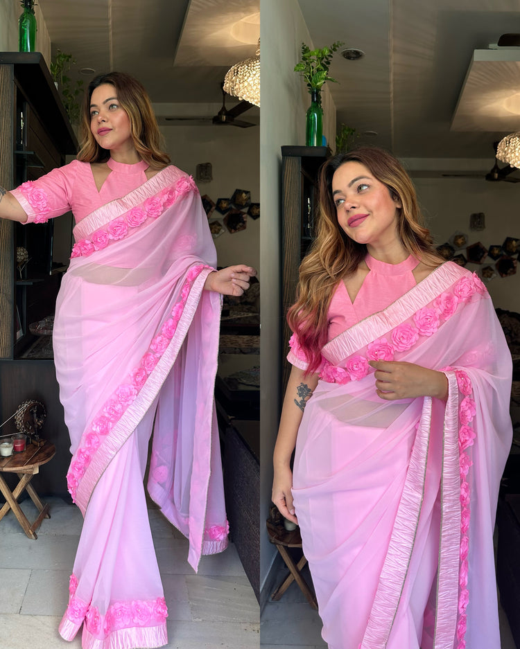 Pink flower saree
