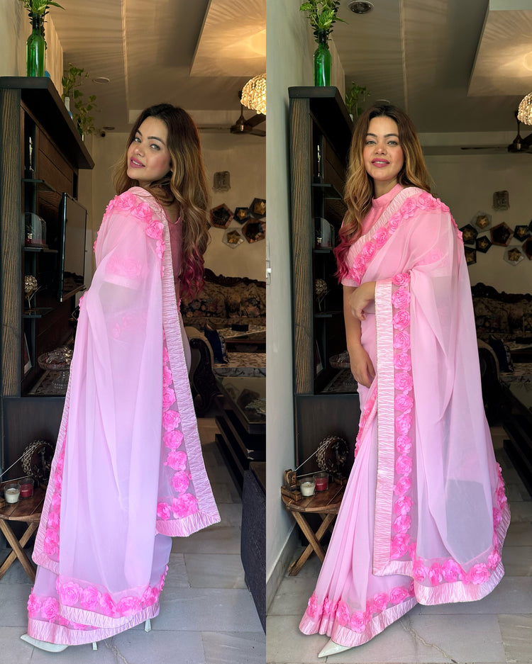 Pink flower saree