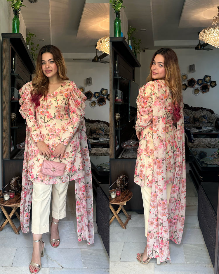 Pastel cream yellow attached duppata suit