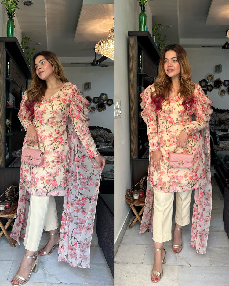 Pastel cream yellow attached duppata suit