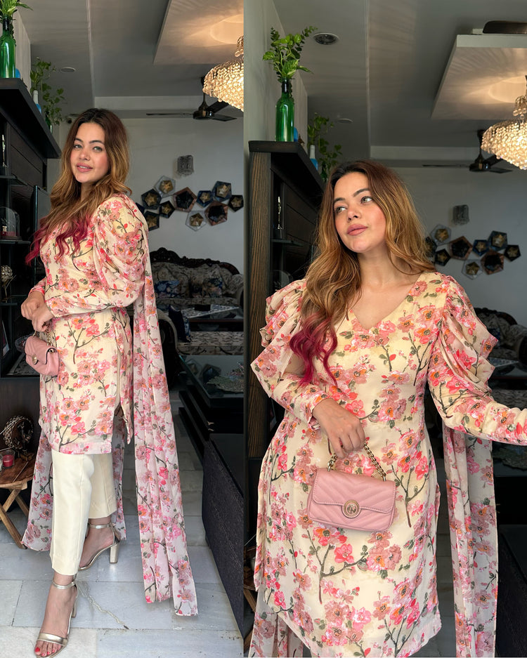 Pastel cream yellow attached duppata suit