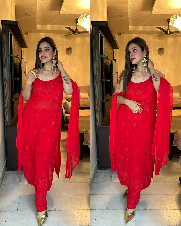 Red chikankari georgette suit