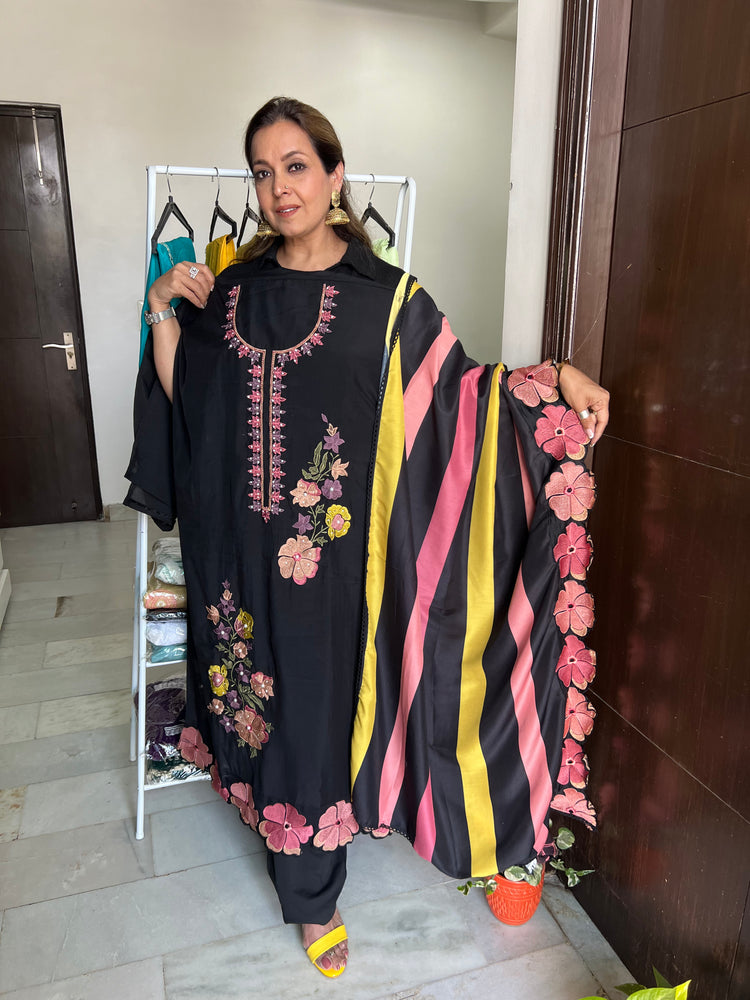 Black stripes embroidered muslin suit material