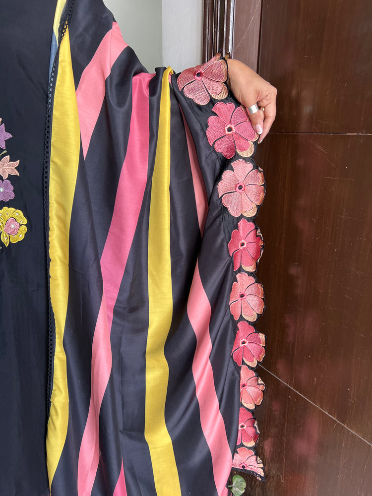 Black stripes embroidered muslin suit material
