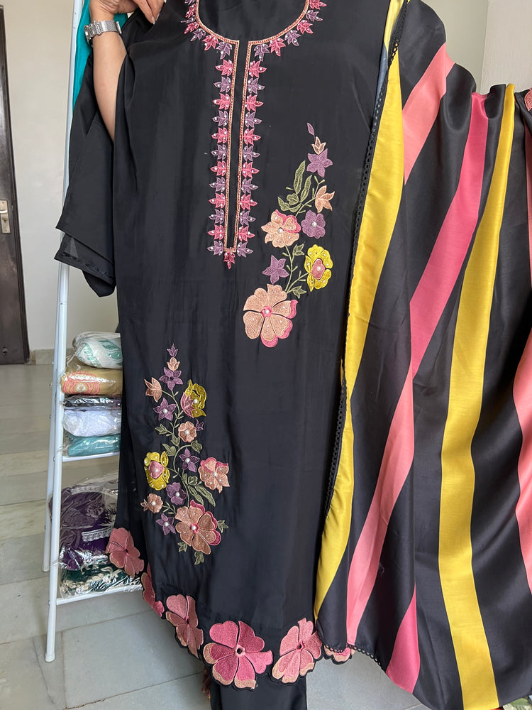 Black stripes embroidered muslin suit material