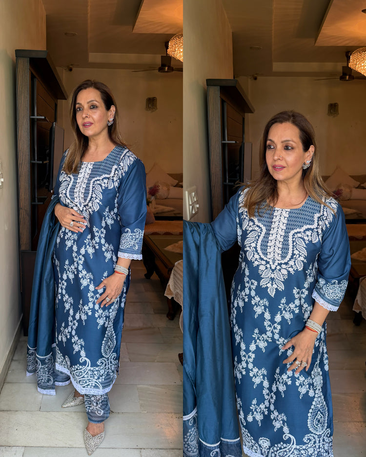 Blue white lacy pakistani suit