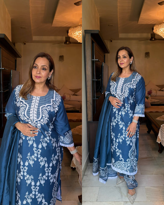 Blue white lacy pakistani suit