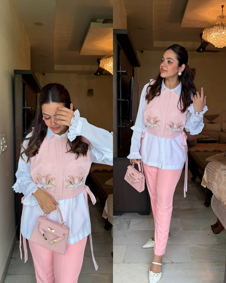 Pearl white pink lotus embroidery set