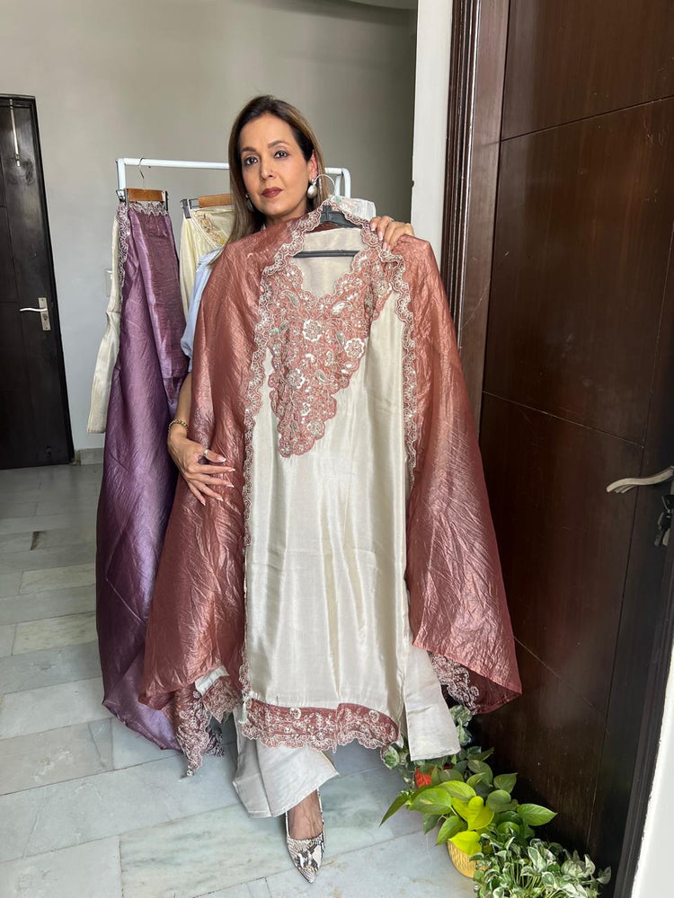 Peach nude embroidered suit material