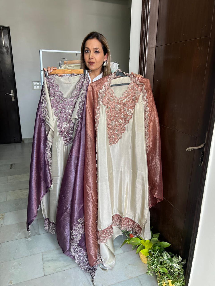 Peach nude embroidered suit material