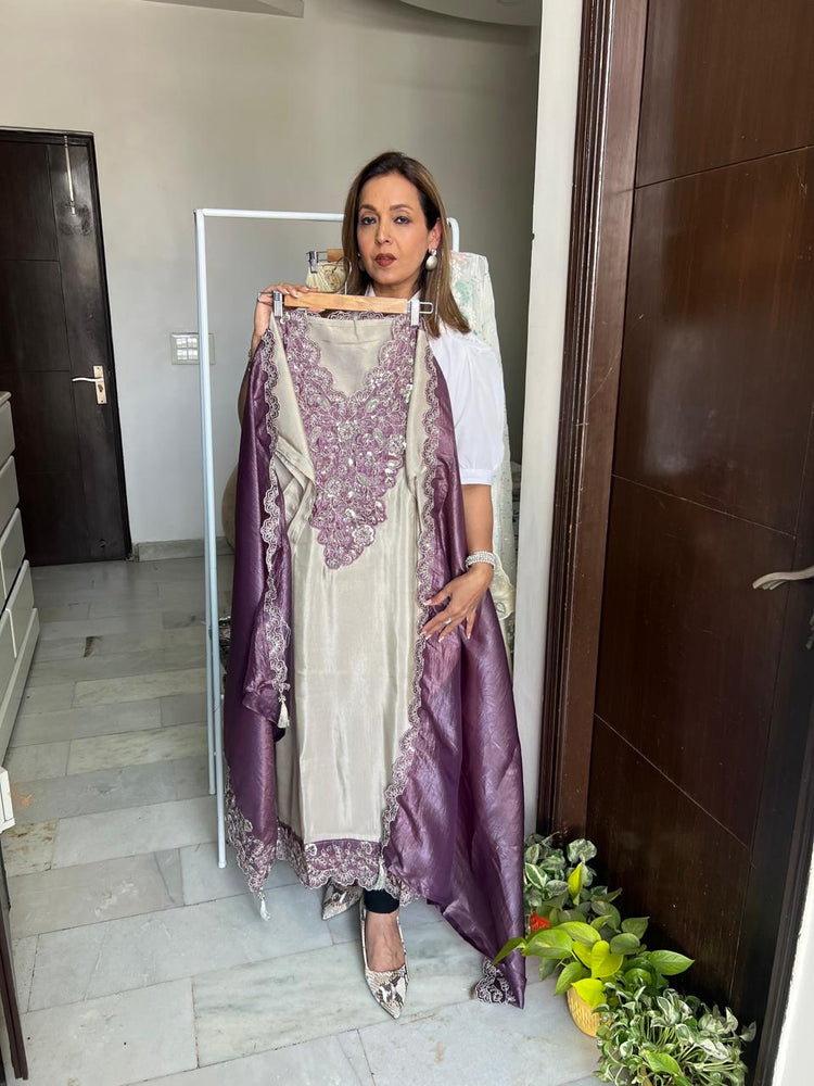 Purple nude embroidered suit material