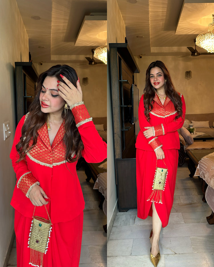 Red silk yoke drape blazer skirt