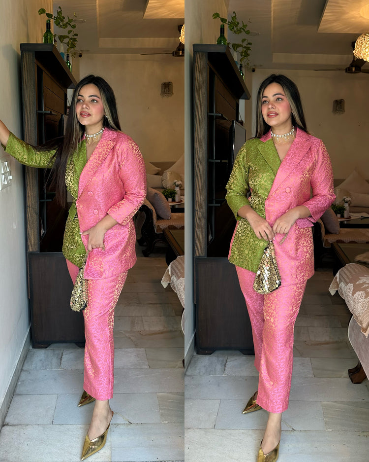 Pink mehendi green silk blazer set
