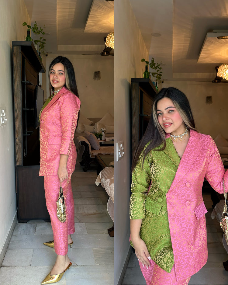 Pink mehendi green silk blazer set