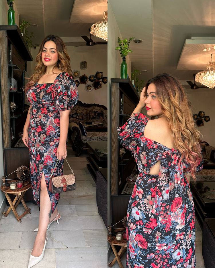 Floral print backless dress