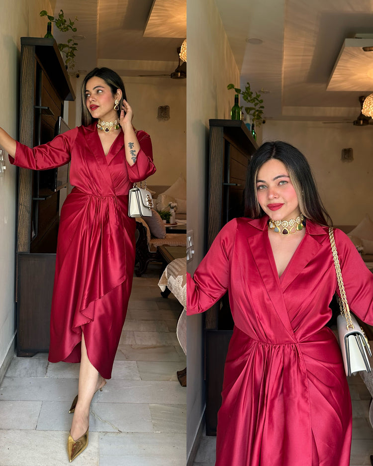 Maroon satin drape dress with collar