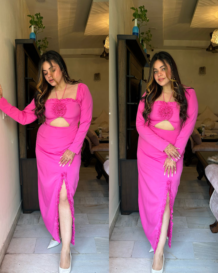 Barbie pink frill slit dress