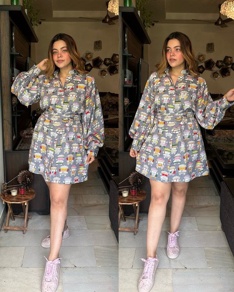 Printed dress with belt