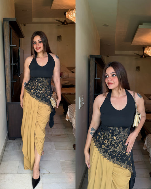 Black beige y2k top skirt set