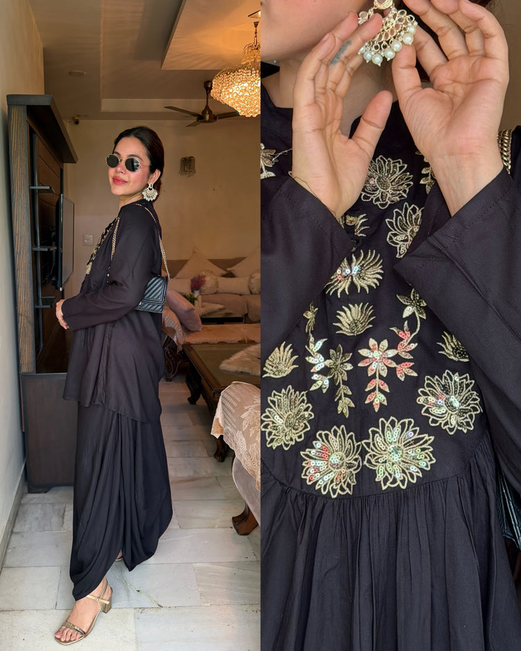 Black embroidered cotton rayon set