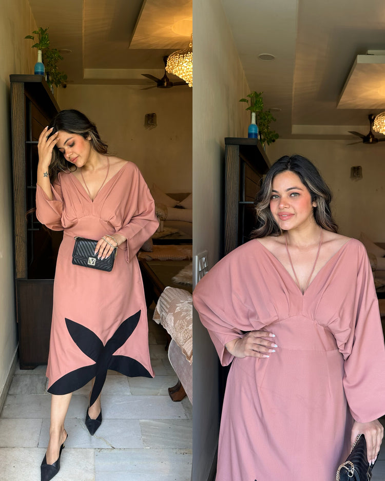 Peachy nude black flower patch dress