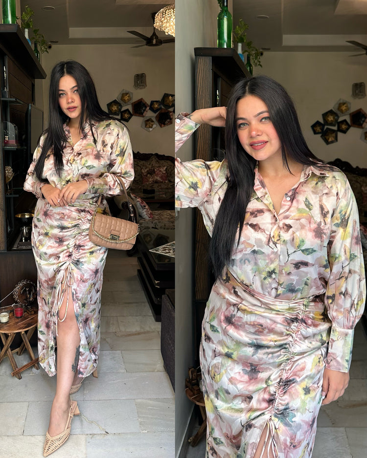 Satin printed shirt skirt set