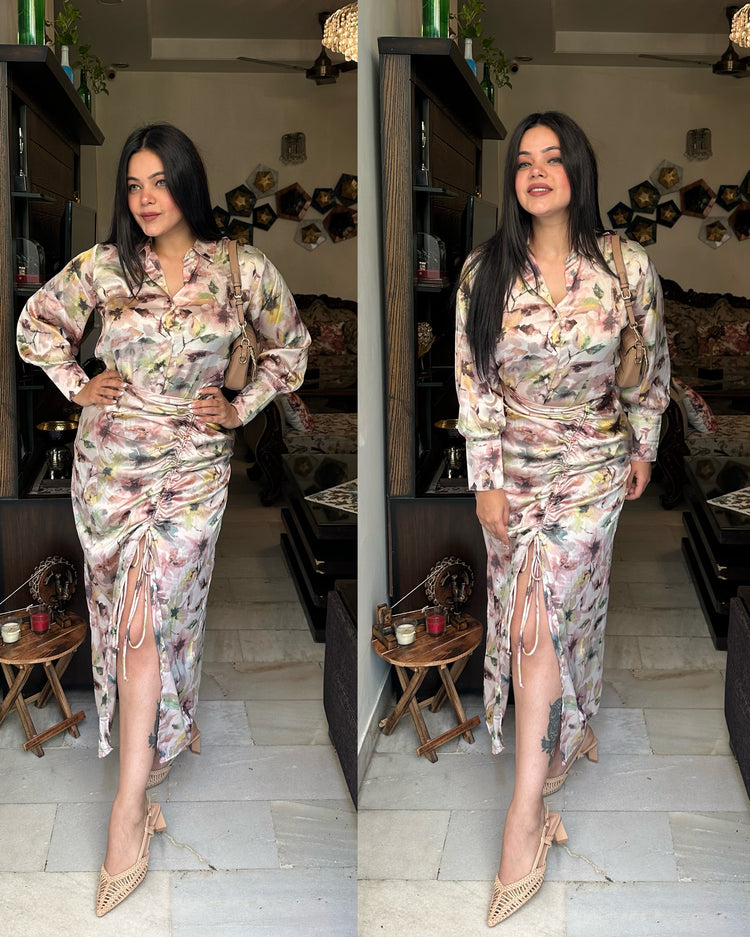 Satin printed shirt skirt set