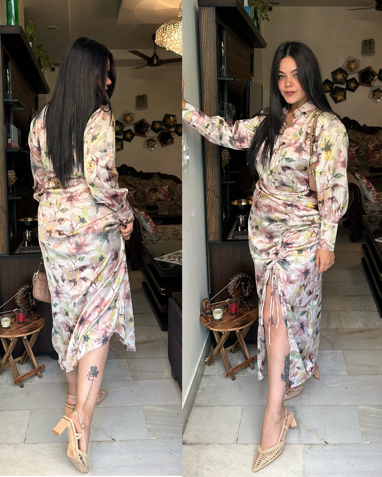 Satin printed shirt skirt set