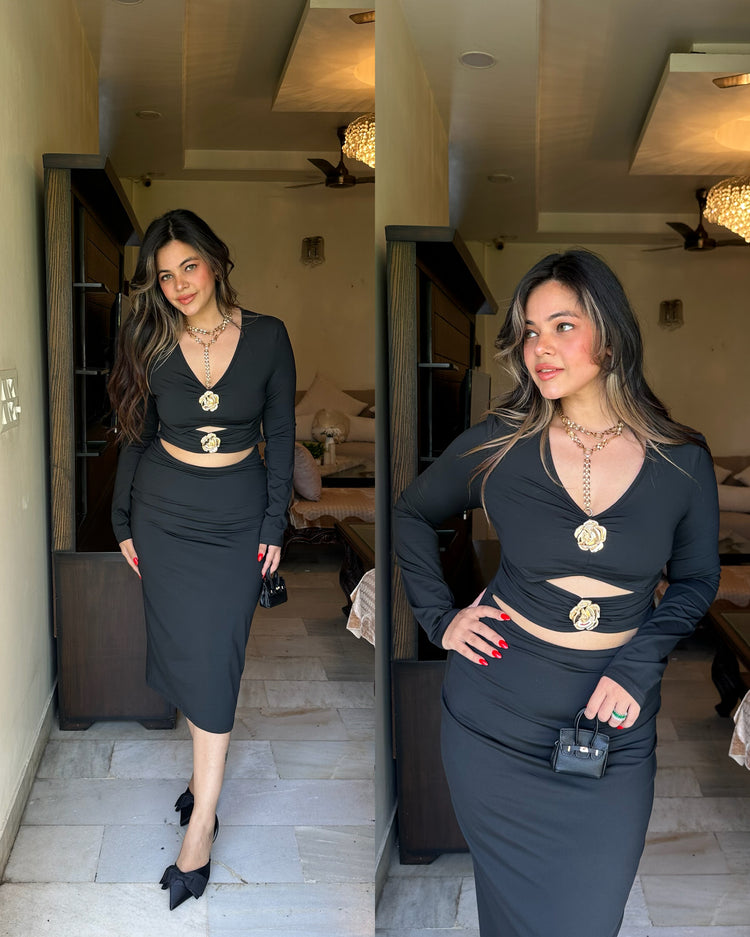 Black bodycon gold flower dress