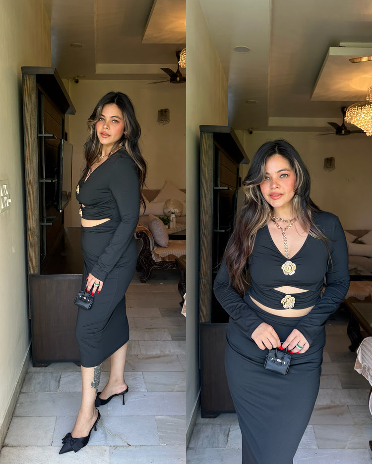 Black bodycon gold flower dress