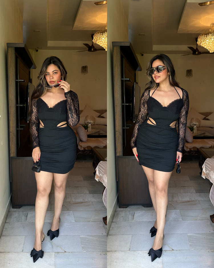 Black self net sleeve dress