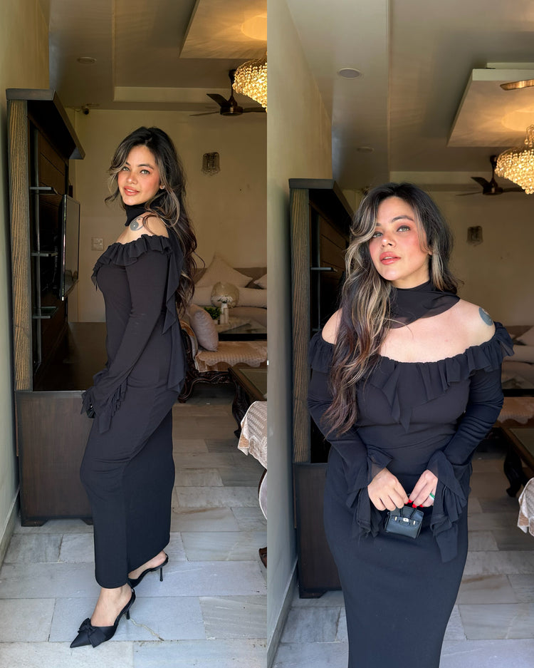 Black bodycon scaff frill dress
