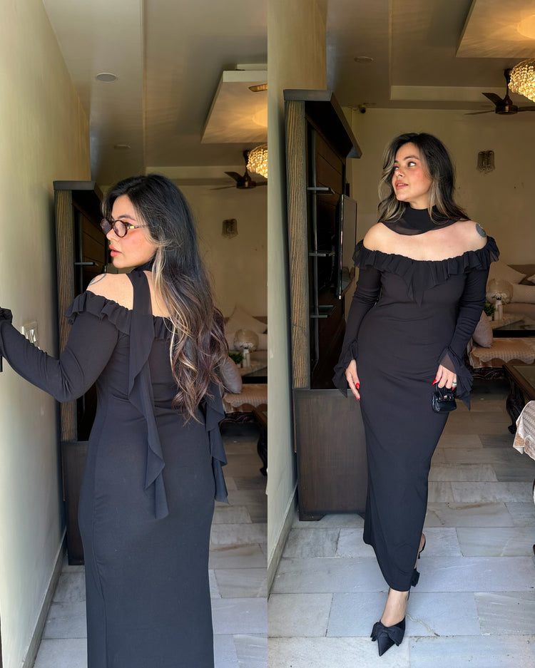 Black bodycon scaff frill dress