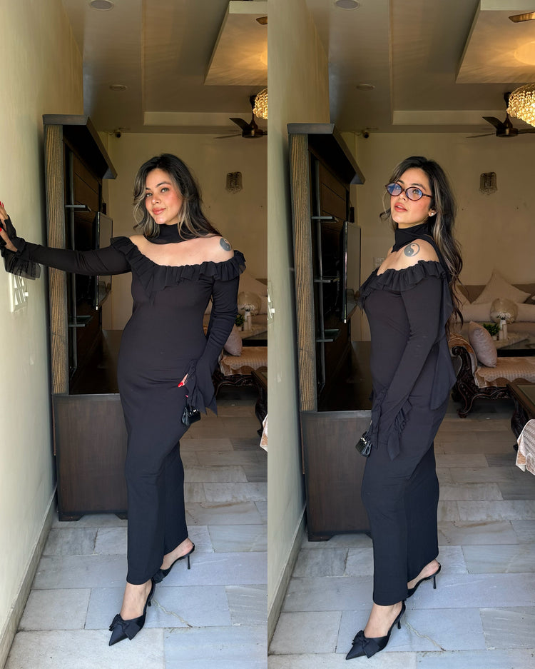 Black bodycon scaff frill dress